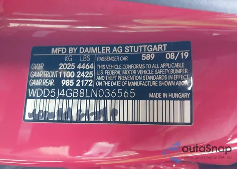 2020 Mercedes-Benz Cla 250 from USA, damaged, VIN WDD5J4GB8LN036565